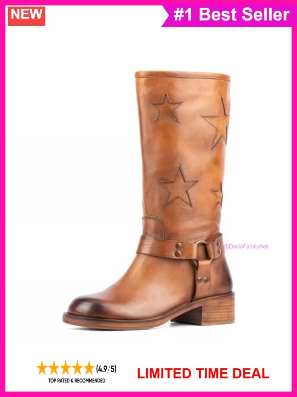 Women's Square Toe Biker Knee High Boots Chunky Heel Multi Buckle Mid Calf Moto